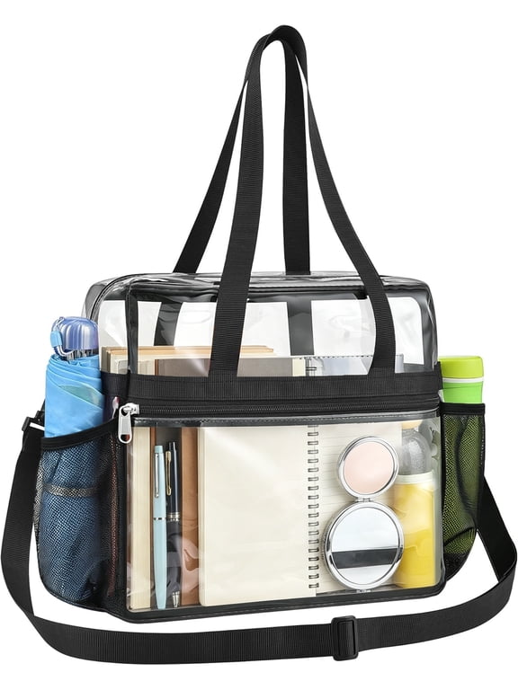 Clear Tote Bag for Women, Removable Strap Transparent Clear Bag, Multi Use See Through Bag for Concerts, Sports, Work & Daily, Black