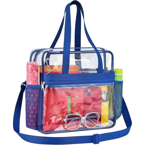 GreenHarbor Clear Tote Bag for Women, Removable Strap Transparent Clear Bag, Multi Use See Through Bag for Concerts, Sports, Work & Daily, Blue
