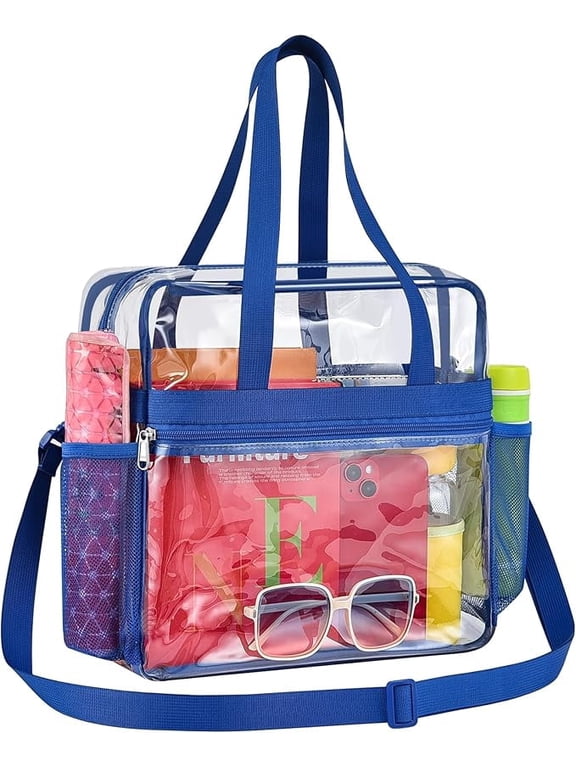 Clear Tote Bag for Women, Removable Strap Transparent Clear Bag, Multi Use See Through Bag for Concerts, Sports, Work & Daily, Blue