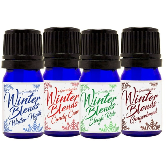 GreenHealth - Holiday Season Synergy Blends - Winter Blends Set- 5 ml (1/6 fl oz) - Sleigh Ride, Winter Nights, Ginger Bread, & Candy Cane - 100% Pure,Undiluted, Therapeutic Grade, Aromatherapy
