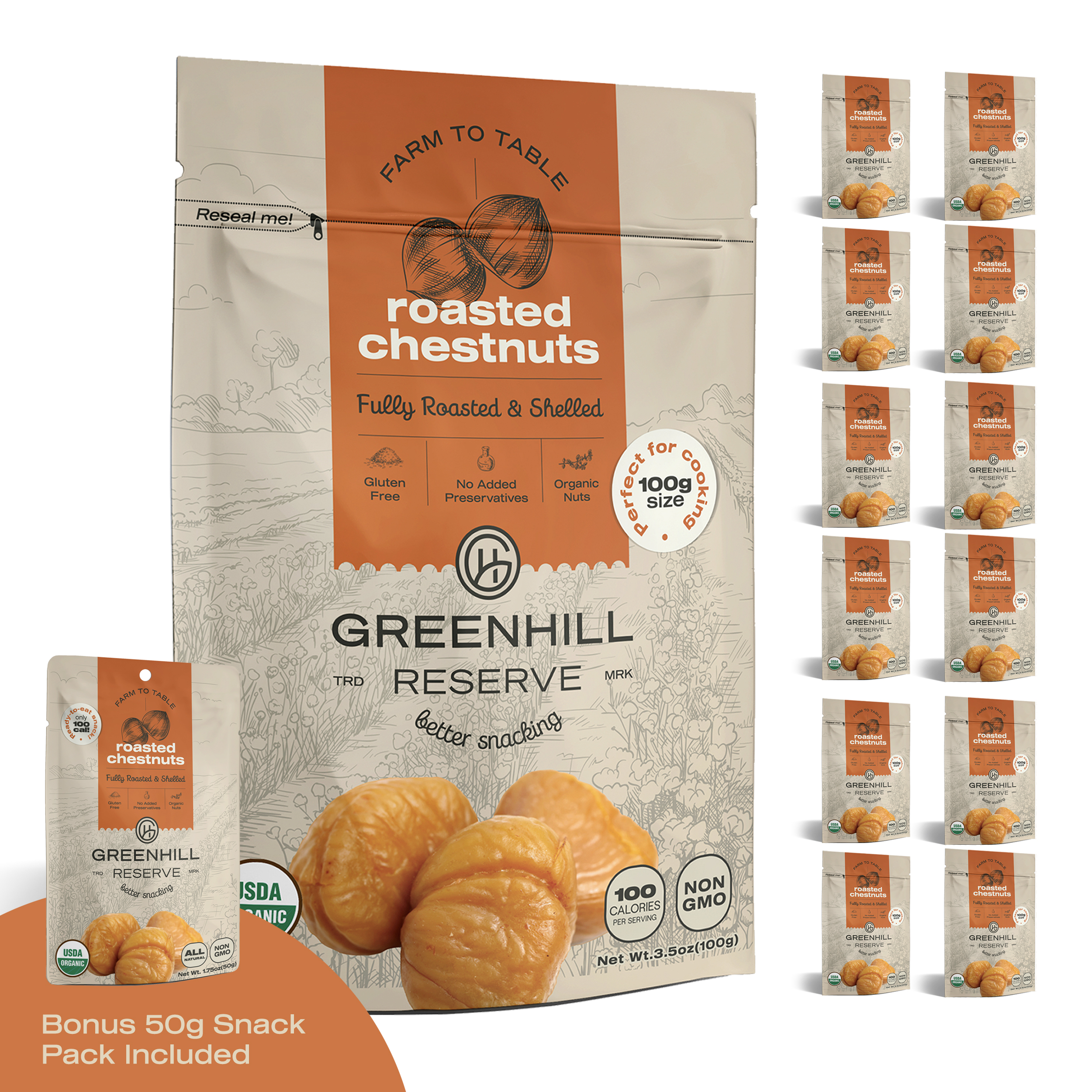 GreenHill Reserve Organic Roasted Chestnuts Peeled And Ready To Eat, 100g/3.6oz (12 Pack), 100% Vegan & Gluten Free Healthy Snack, Great For Cooking, Stuffing, Baking, Keep Fresh With Resealable Bag