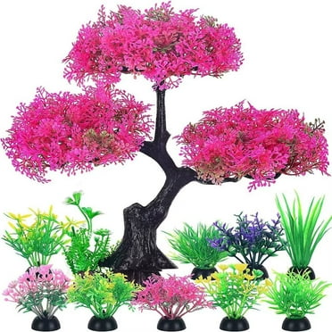 GreenJoy 10PCS Aquarium Decor Set,25cm Fish Tank Artificial Plastic Grass and Pine Set for Household
