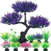 GreenJoy 10PCS Aquarium Decor Set,25cm Fish Tank Artificial Plastic Grass and Pine Set for Household