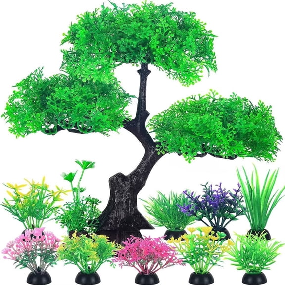 GreenJoy 10PCS Aquarium Decor Set,25cm Fish Tank Artificial Plastic Grass and Pine Set for Household