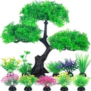 GreenJoy 10PCS Aquarium Decor Set,25cm Fish Tank Artificial Plastic Grass and Pine Set for Household