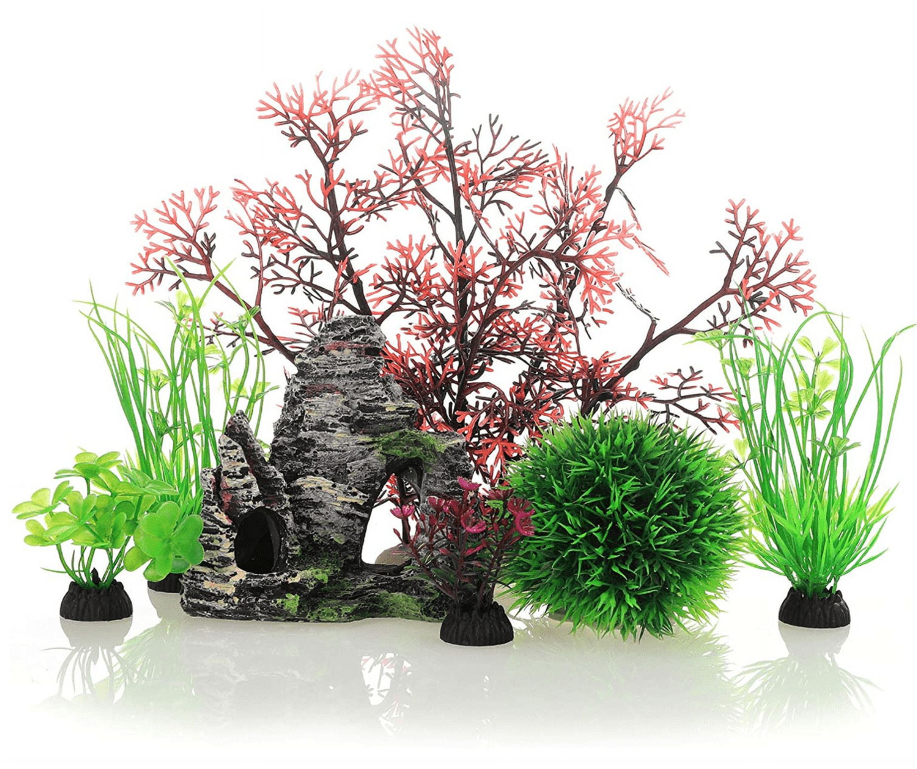 GreenJoy 7 Pack Fish Tank Plastic Plants and Cave Rock Decorations Aquarium Decor Type Small Size