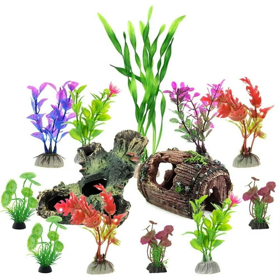 GreenJoy Aquarium Decorations Accessories - Fish Tank Decor Kit with Artificial Plants and Hideouts Ornaments Multiple Colors