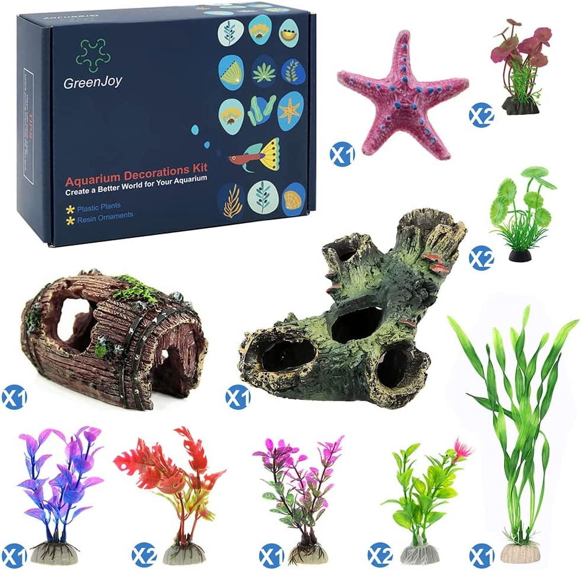 GreenJoy Aquarium Decorations Accessories - Fish Tank Decor Kit with Artificial Plants and Hideouts Ornaments Multiple Colors