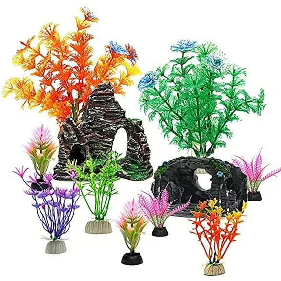 GreenJoy Aquarium Decorations Accessories Plants - Fish Tank Decor Set with Shipwreck Cave and Rock Hideout, Small(12-15 gal, Multi - color)