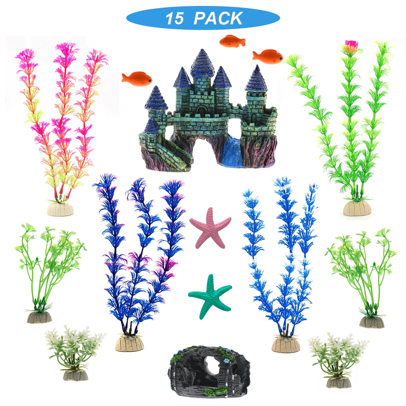 GreenJoy Aquarium Decorations Castle Accessories Plastic Plants - 15 Pack Fish Tank House Hideouts and Cave