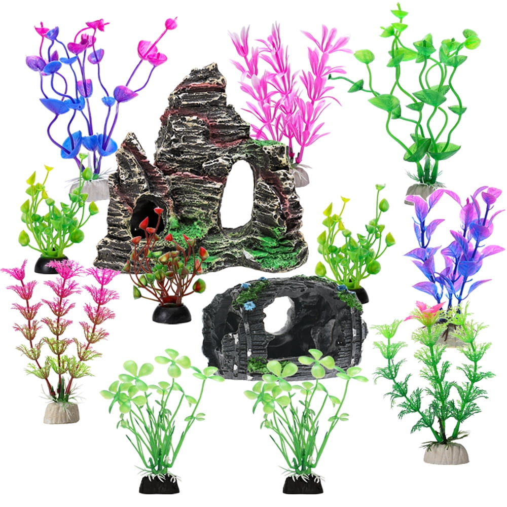 GreenJoy Fish Tank Accessories Aquarium Decorations Rock Plants - 13 Packs  Fish Tank Decor Set, Rocks, Plastic Plants Material, Resin Broken Barrel