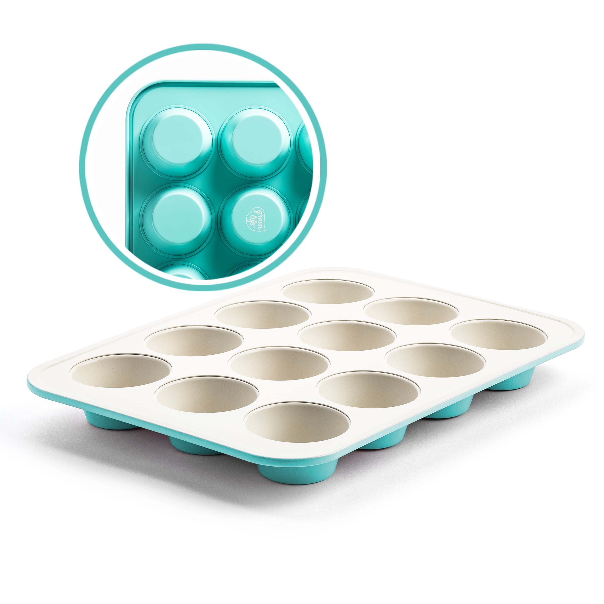 JXWING 6 Cups Non-stick Silicone Cupcake Baking Pan with Ergonomics Grips,  Premium Stainless Steel Core Muffin Pan, Green