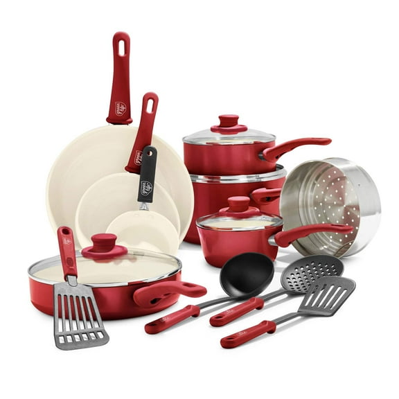 GreenLife 16 Piece Nonstick Cookware Set, Soft Grip Non-Toxic Ceramic, Dishwasher Safe, Red