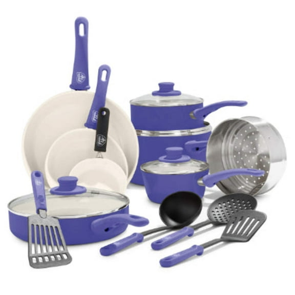 GreenLife 16 Piece Nonstick Cookware Set, Soft Grip Non-Toxic, Dishwasher Safe, Periwinkle