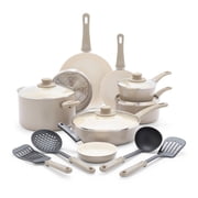 GreenLife 16 Piece Nonstick Cookware Set, Soft Grip Non-Toxic, Dishwasher Safe, Taupe