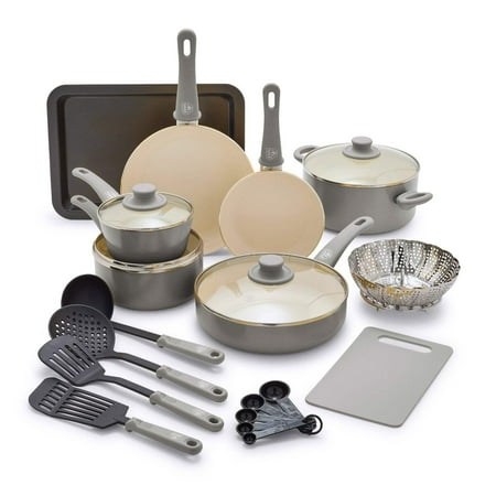 GreenLife 18-Piece Soft Grip Toxin-Free Healthy Ceramic Non-Stick Cookware Set, Gray, Dishwasher Safe