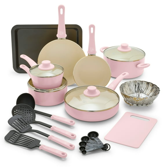 GreenLife 18-Piece Ceramic Nonstick Cookware Set, Dishwasher Safe, Soft Grip Handles, Pink
