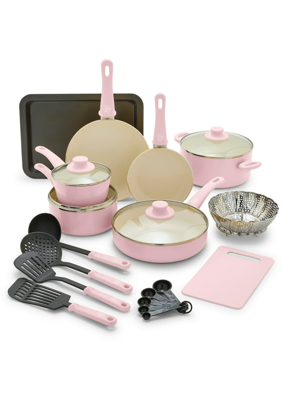 GreenLife 18-Piece Soft Grip Toxin-Free Healthy Ceramic Non-Stick Cookware Set, Pink, Dishwasher Safe