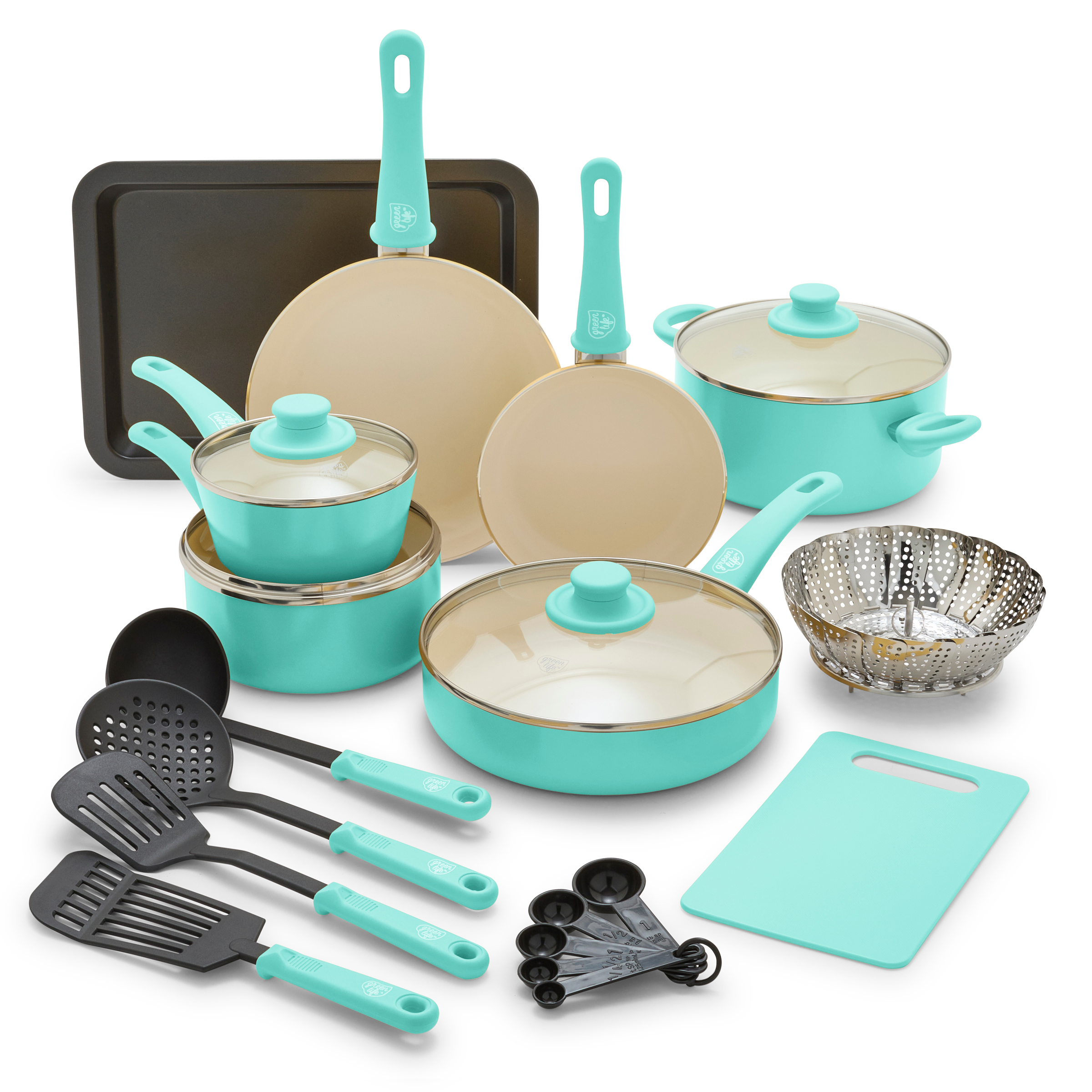 GreenLife 18-Piece Soft Grip Toxin-Free Healthy Ceramic Non-Stick Cookware Set, Turquoise, Dishwasher Safe - image 1 of 12