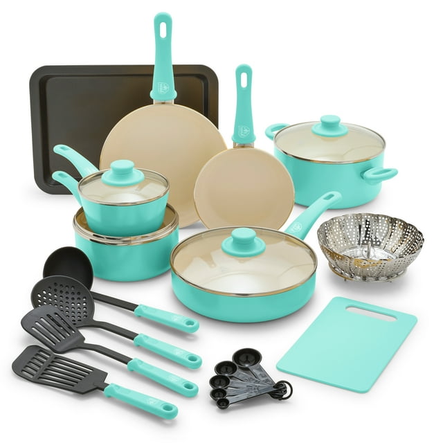 GreenLife 18-Piece Soft Grip Toxin-Free Healthy Ceramic Non-Stick Cookware Set, Turquoise, Dishwasher Safe