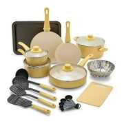 GreenLife 18-Piece Soft Grip Toxin-Free Healthy Ceramic Non-Stick Cookware Set, Yellow, Dishwasher Safe