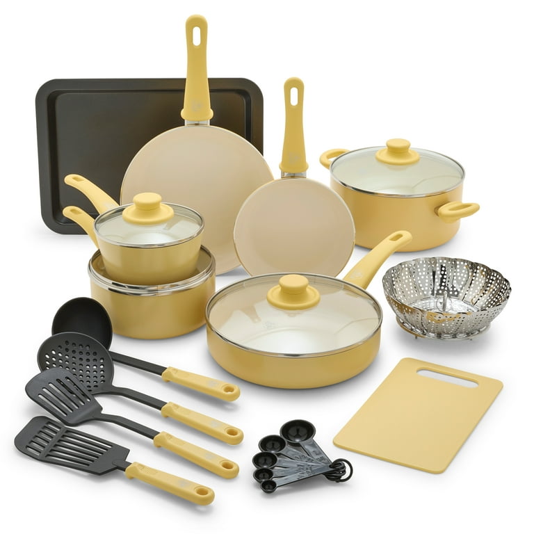 GreenLife 18-Piece Soft Grip Toxin-Free Healthy Ceramic Non-Stick Cookware Set, Yellow, Dishwasher Safe
