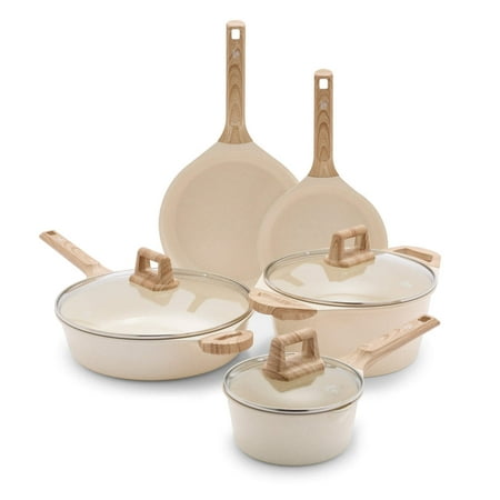 GreenLife Arte 8 Piece Ceramic Nonstick Cookware Pots and Pans Set, Induction Suitable, Wood Print Handles, Glass Lids, Stock Saucepans & Frying Pans, Dishwasher Safe, Speckled Cream