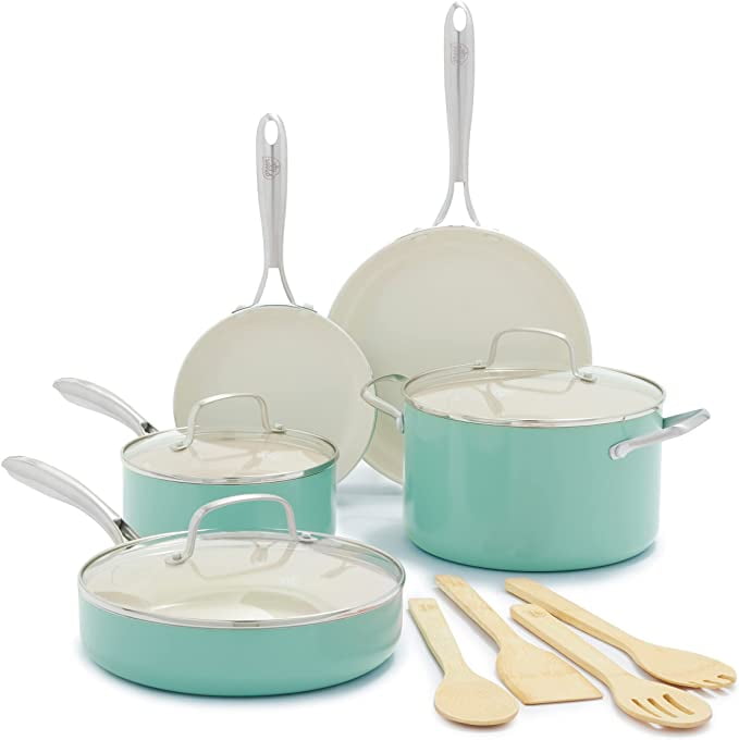 GreenLife Artisan Healthy Cooking Non-Stick Ceramic Dishwasher and Oven  Safe 12-Piece Pots and Pans Cookware Set, Turquoise