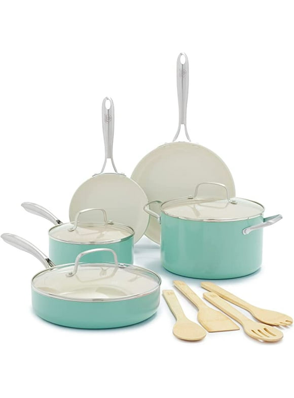 GreenLife Artisan Healthy Cooking Non-Stick Ceramic Dishwasher and Oven Safe 12-Piece Pots and Pans Cookware Set, Turquoise