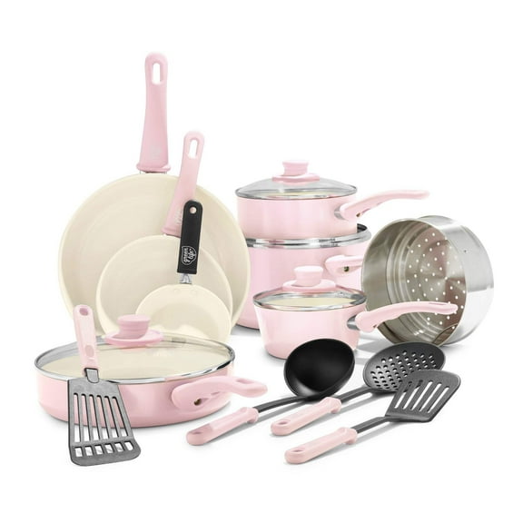 GreenLife 16 Piece Nonstick Cookware Set, Soft Grip Non-Toxic Ceramic Pots & Pans, Dishwasher Safe, Pink.