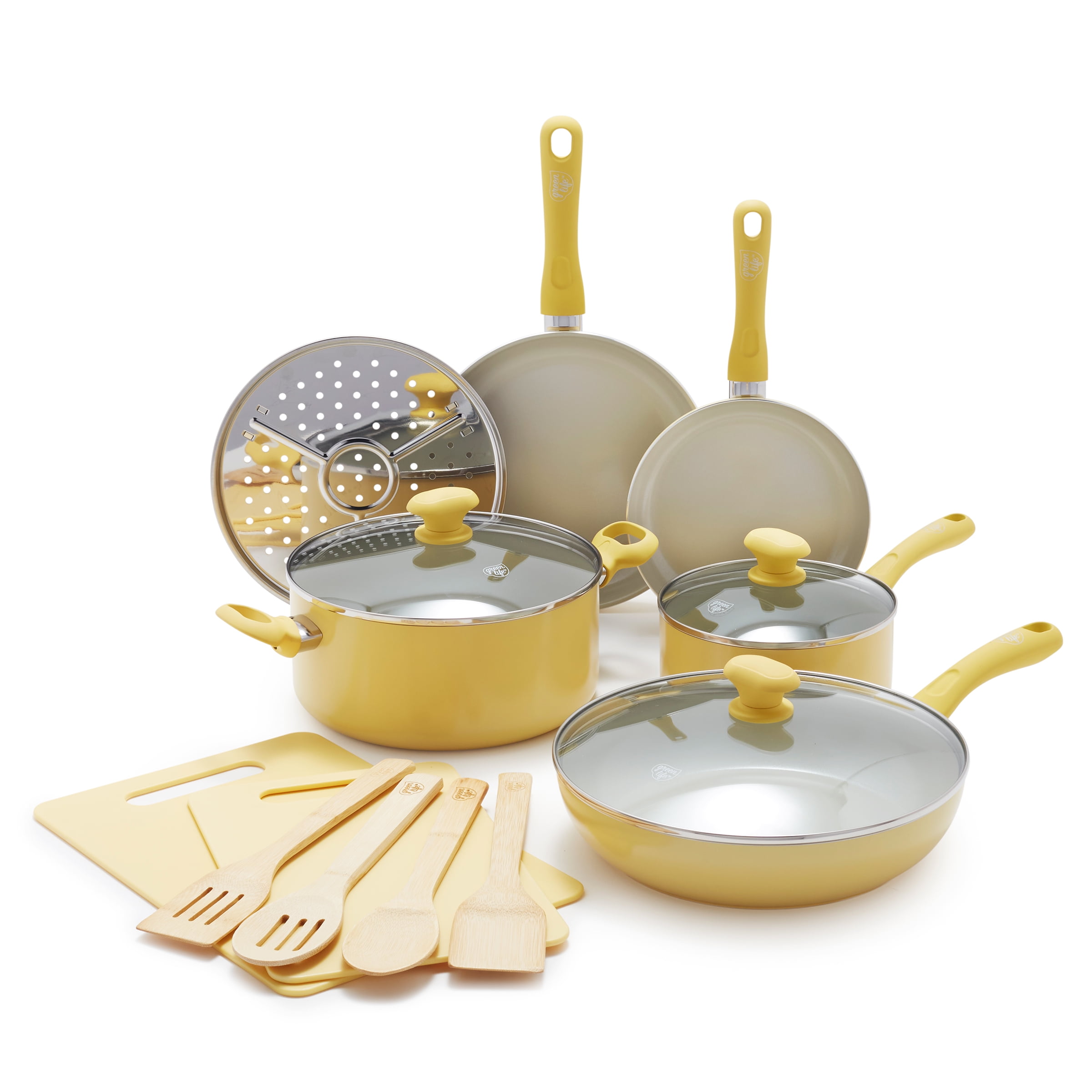 GreenLife 18-Piece Soft Grip Toxin-Free Healthy Ceramic Non-Stick Cookware  Set, Yellow, Dishwasher Safe 