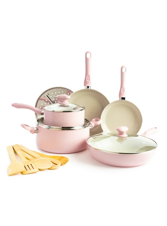 GreenLife Diamond Healthy Ceramic Nonstick, Cookware Pots and Pans Set, 14 piece, Pink