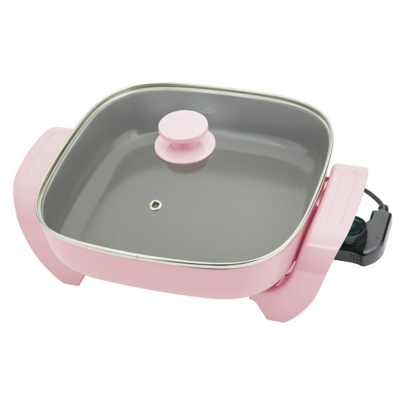 GreenLife Nonstick Square Electric Skillet with Glass Lid, 12 Inches, Pink