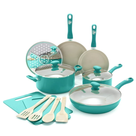 GreenLife Savory 15pc Cookware Set, Turquoise