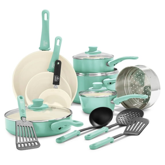 GreenLife 16 Piece Soft Grip Cookware Set, Non-Toxic Ceramic Nonstick, Turquoise