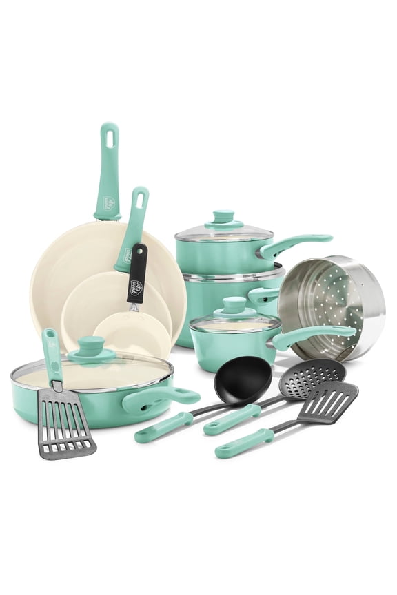 16 Piece Soft Grip Cookware Set, Non-Toxic Ceramic Nonstick, Turquoise