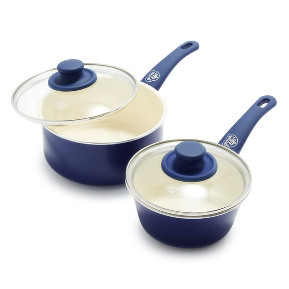 GreenLife Soft Grip 1QT and 2QT Saucepan Set, Healthy Ceramic Nonstick, Dishwasher Safe, Glass Lids, Stay-Cool Handles, Easy Clean Cookware, Kitchen Essentials, Blue