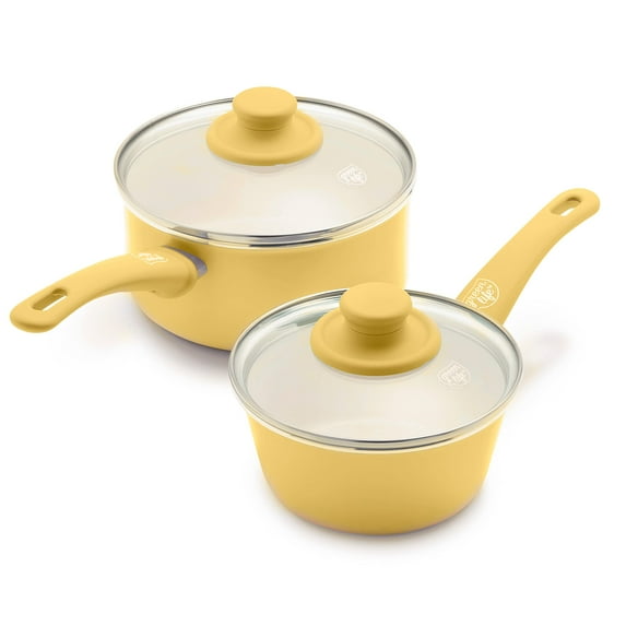GreenLife Soft Grip 1QT and 2QT Saucepan Set, Healthy Ceramic Nonstick, Dishwasher Safe, Glass Lids, Stay-Cool Handles, Easy Clean Cookware, Kitchen Essentials, Yellow