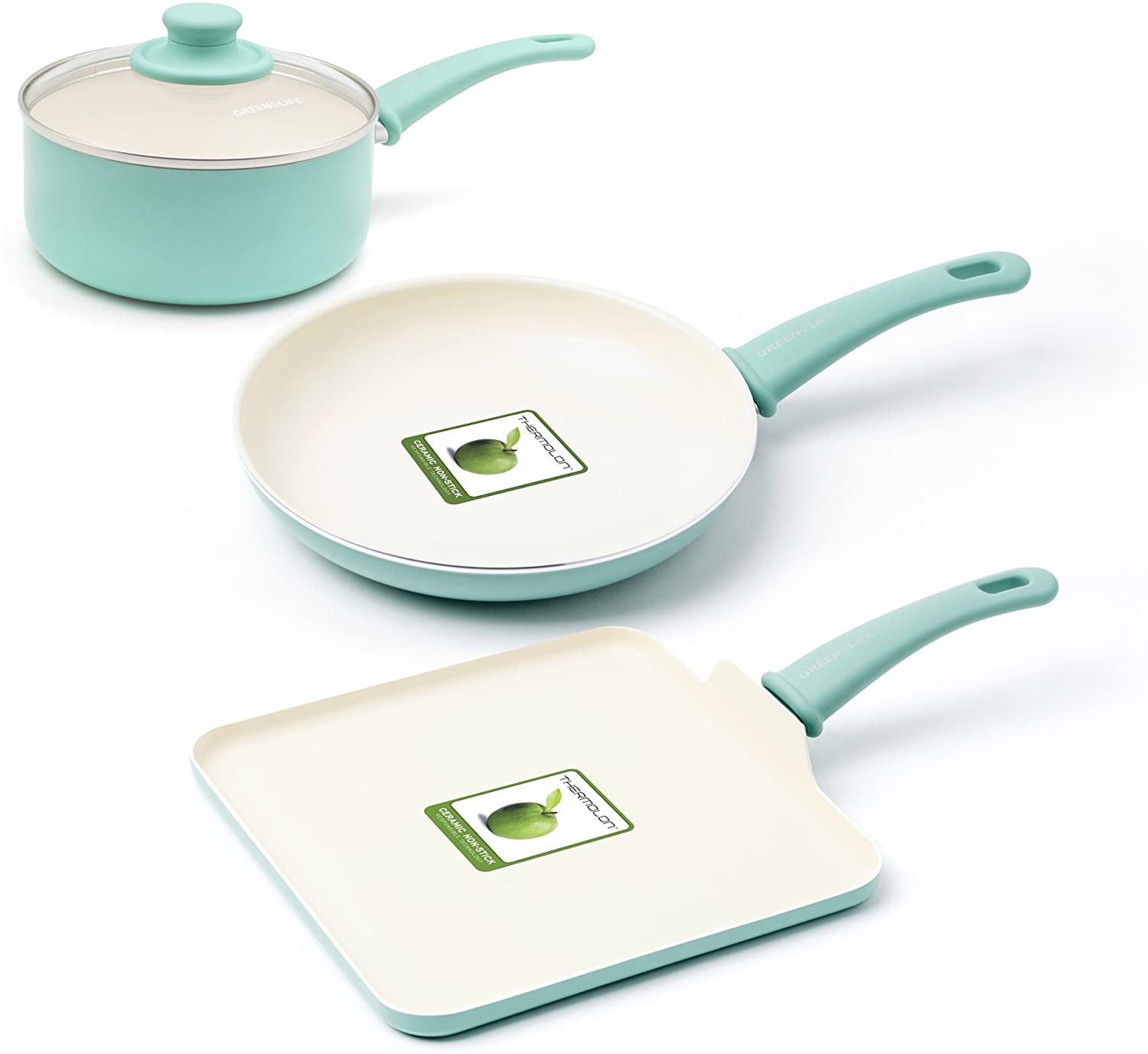 GreenLife Soft Grip Absolutely Toxin-Free Healthy Ceramic Nonstick  Dishwasher/Oven Safe Stay Cool Handle Cookware Set, 4-Piece, Turquoise