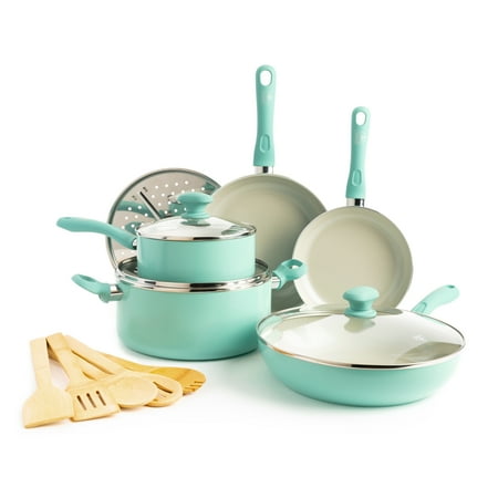 GreenLife Soft Grip Diamond Healthy Ceramic Nonstick, Cookware Pots and Pans Set, 14 Piece, Turquoise, Dishwasher Safe