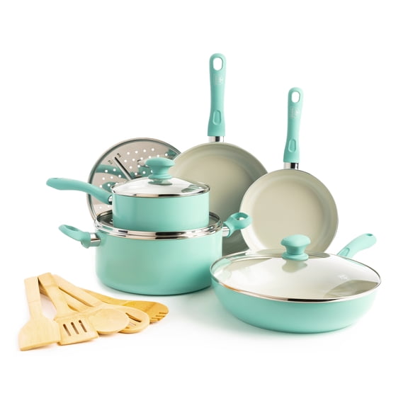 GreenLife Soft Grip Diamond Healthy Ceramic Nonstick, Cookware Pots and Pans Set, 14 Piece, Turquoise, Dishwasher Safe