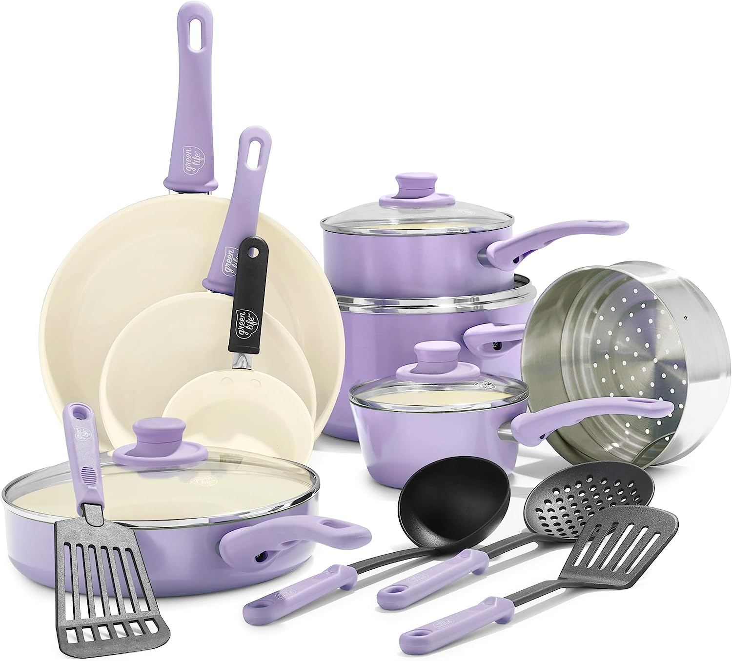 GreenLife Soft Grip Healthy Ceramic Nonstick 16 Piece Kitchen Cookware Pots and Frying Sauce Saute Pans Set, PFAS-Free with Kitchen Utensils and Lid, Dishwasher Safe, Lavender 16 Piece Cookware Set Lavender - image 1 of 8