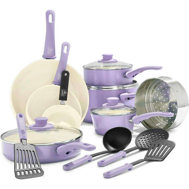 GreenLife Soft Grip Healthy Ceramic Nonstick 16 Piece Kitchen Cookware Pots and Frying Sauce Saute Pans Set, PFAS-Free with Kitchen Utensils and Lid, Dishwasher Safe, Lavender 16 Piece Cookware Set Lavender