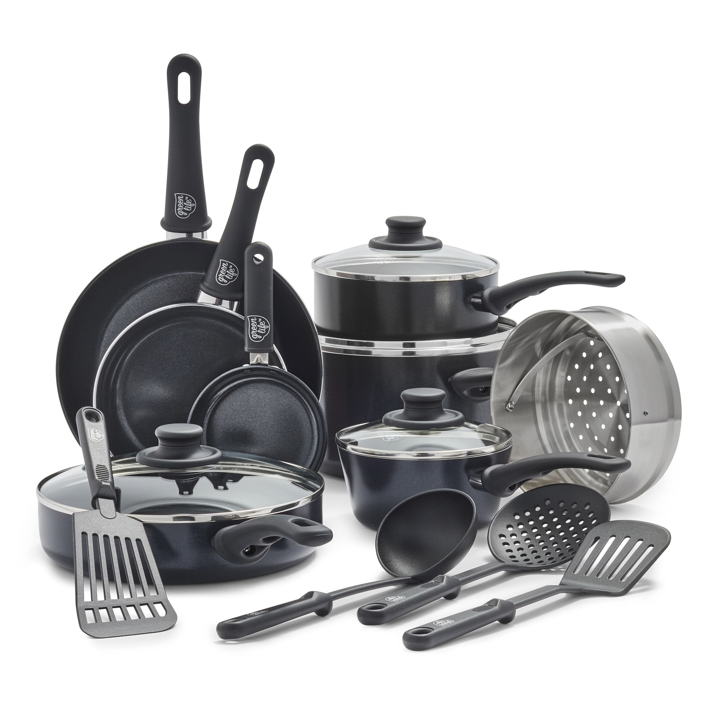 Black 16-Piece Nonstick Ceramic Cookware Set with Glass Lids