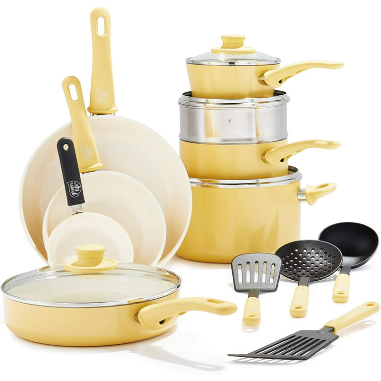 GreenLife Soft Grip Healthy Ceramic Nonstick Yellow Cookware Pots and Pans  Set, 16-Piece 