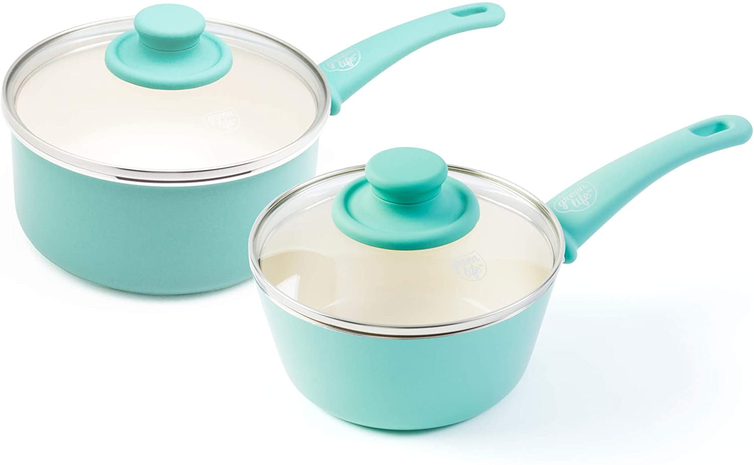 GreenLife Soft Grip Healthy Ceramic Nonstick, Saucepan Set with Lids, 1qt and 2qt, Turquoise