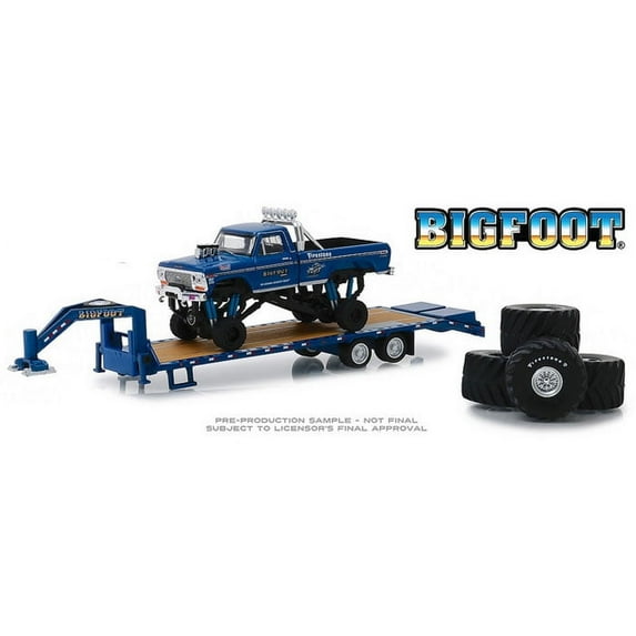 GreenLight Collectibles - 1:64 Bigfoot #1 The Original Monster Truck (1979) - 1974 Ford F-250 Monster Truck on Gooseneck Trailer with Regular and Replacement 66 Tires, Greenlight Collectib, Gifts