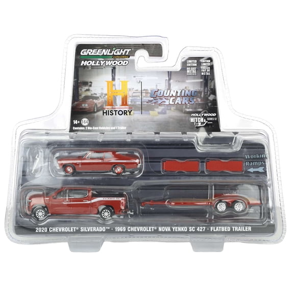 GreenLight Collectibles 1/64 Hollywood Hitch & Tow Series 12 2020 Chevrolet Silverado High Country w/ 1969 Chevrolet Nova Yenko SC 427 on Flatbed Trailer Counting Cars 31160-C