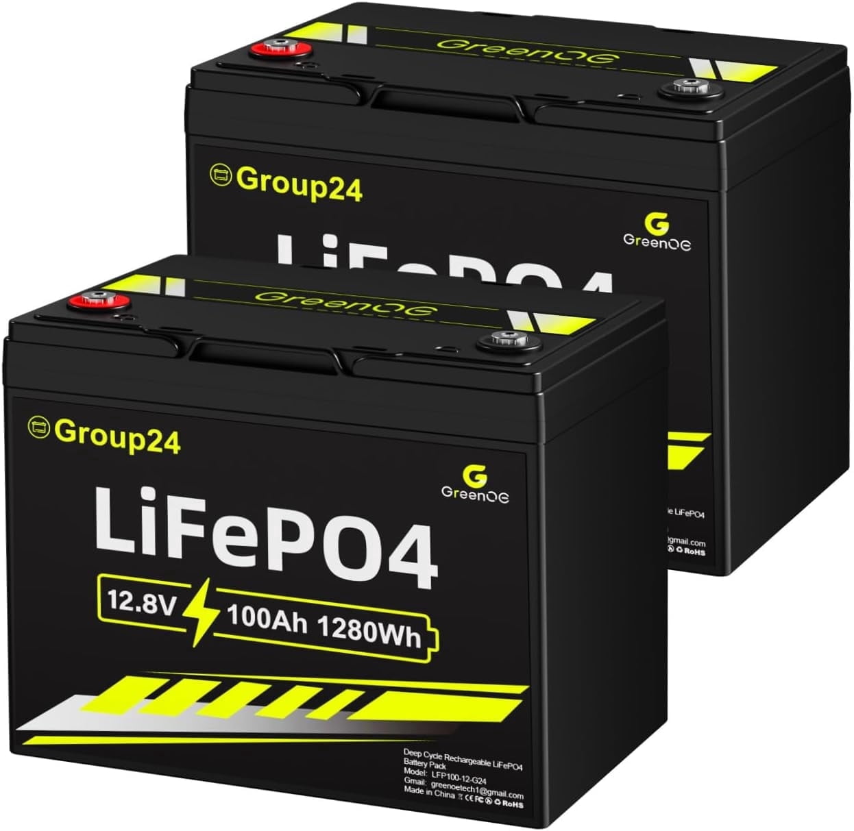 GreenOE 12V 100Ah BCI Group 24 LiFePO4 Battery with Built-in 100A BMS, 15000 Deep Cycles for Solar System, Camping, Home Backup, Trolling Motor (2PCS)