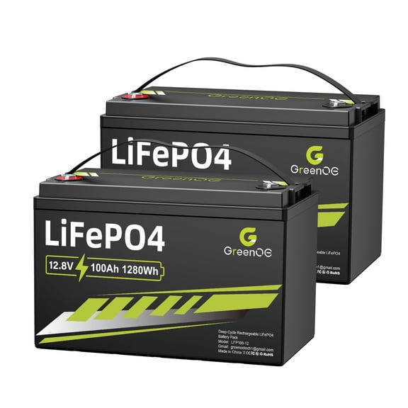 GreenOE 12V 100Ah Group 31 LiFePO4 Lithium Battery, 100A Built-in BMS 15000 Deep Cycles, 2 Pack for RV Marine Solar Trailer